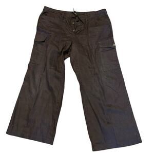 Express 100% Linen Utility Cargo Wide Leg Pants SZ 11/12 Button Fly Tie Brown